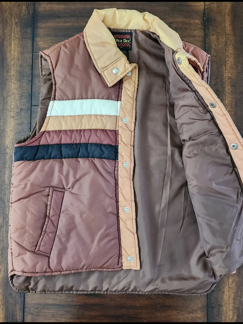 70's Green Dee Colorblock Puffer Jacket - Peach, Brown & Black